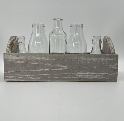 5 Bottle Tray- 14 1/2 L edgar grant. mary glen grant, 5 bottle tray, five glass bottles in wooden tray, 14 1/2 Liters