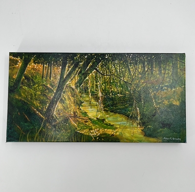 Fairy Lights- 20x10 Acrylic on Gallery Wrap Canvas alan g brooks, fairy lights, acrylic on gallery wrap canvas, painting, greenery, stream, mossy, bright lights, trail, forest scenery