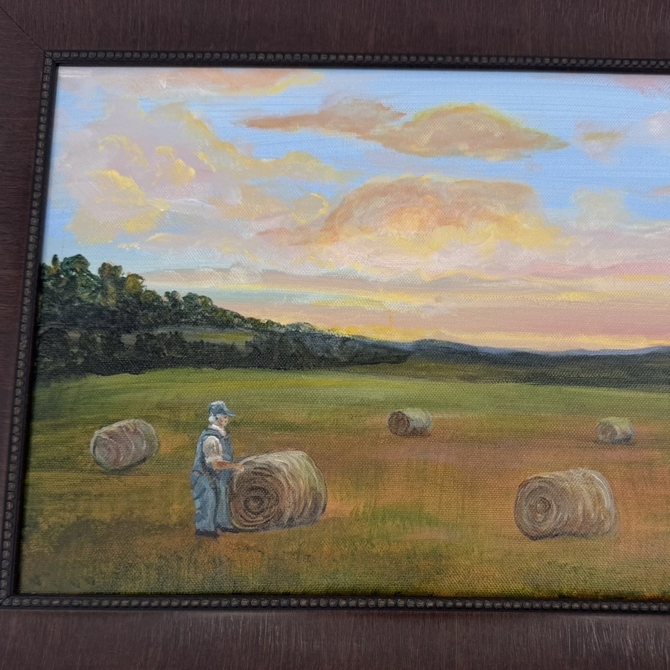 A good days work Framed  Sue Mims, Montgomery county, field, painting, acrylic, nature, sunset, hay, farmer, trees
