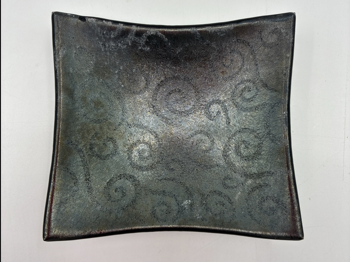 Black Glass Bowl w/Etching jo taylor, jo, taylor, bowl, etched bowl. glass, pottery