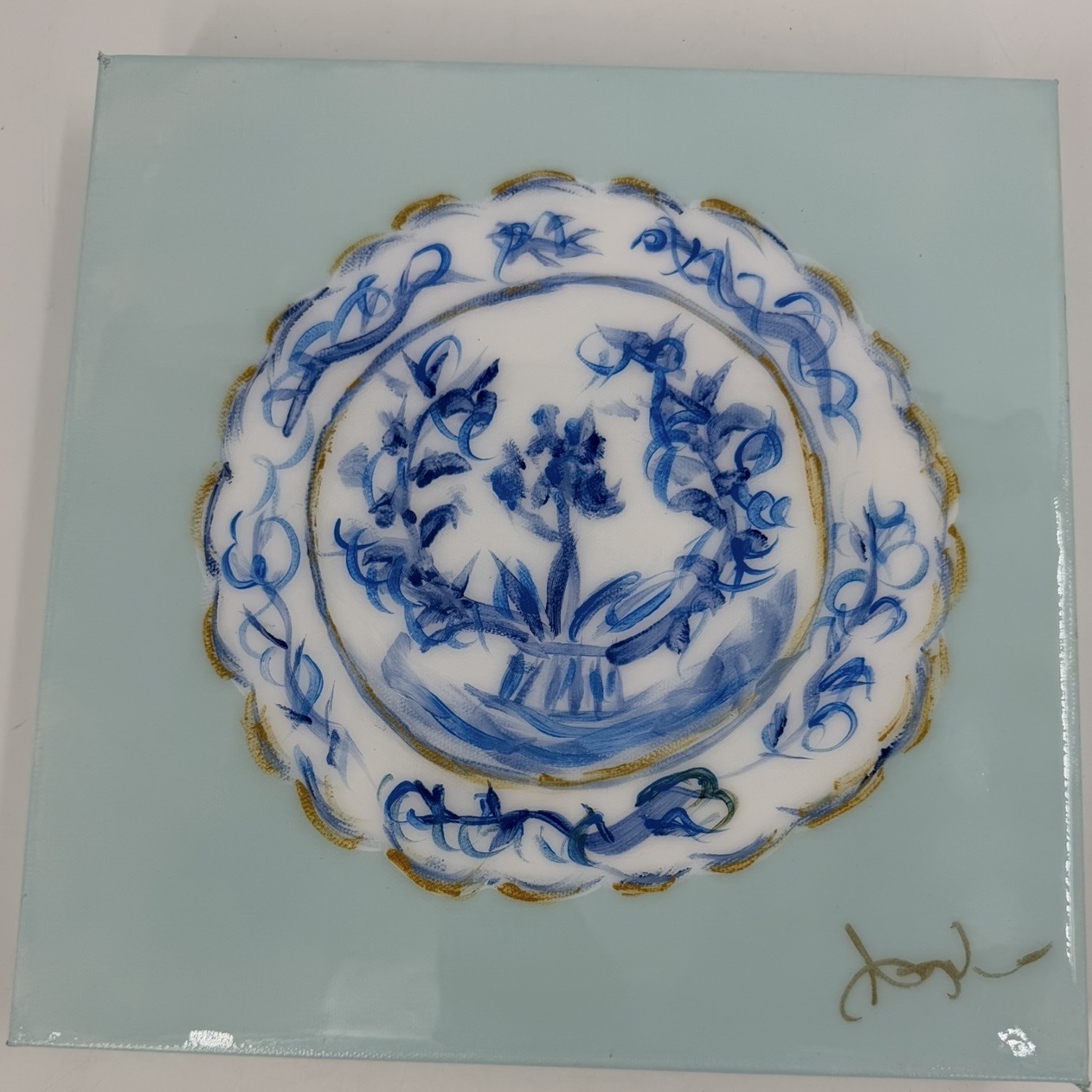 Blue and White Plate on Aqua Angela, fernandez, white, gold, soft color, blue, plate 