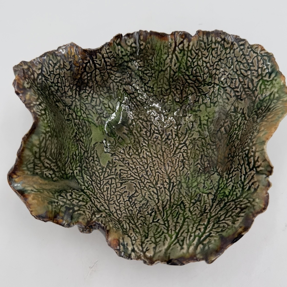 Coral Fan bowl Bradford Brackin, pottery, ceramics, coral fan, bowl, green, leaf