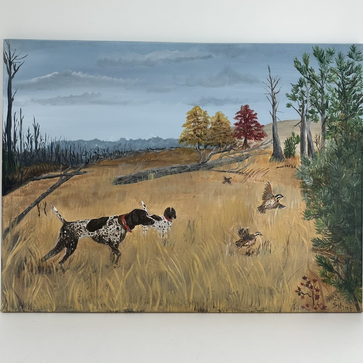 First Flush  Sue Mims, Montgomery county, painting, dogs, quails, field, trees, hunting