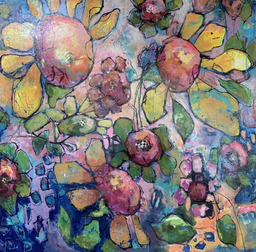 Floral Fancy sharon dozier, black belt, wall art, wall paintings, black belt paintings, flowers, bright colors, texture, 