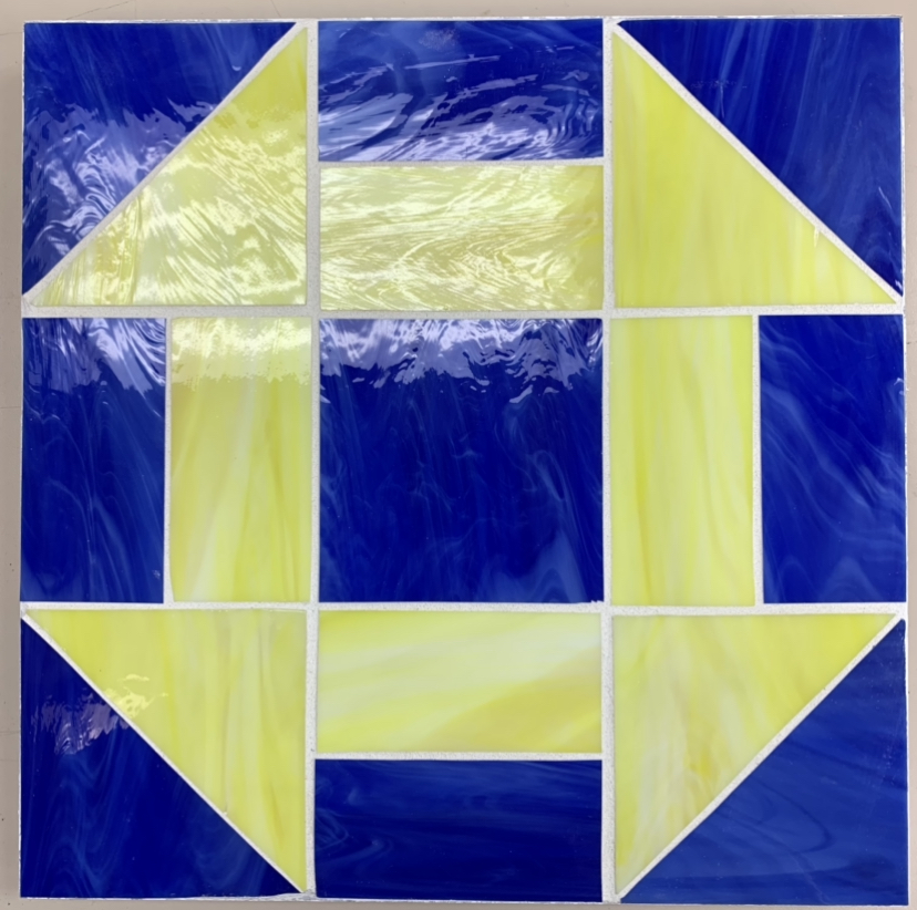 Hole in Barn Door - Quilt Mosaic  rhys green, mosaic, hole in barn door, blue, yellow, quilt mosaic, shimmering glass, 