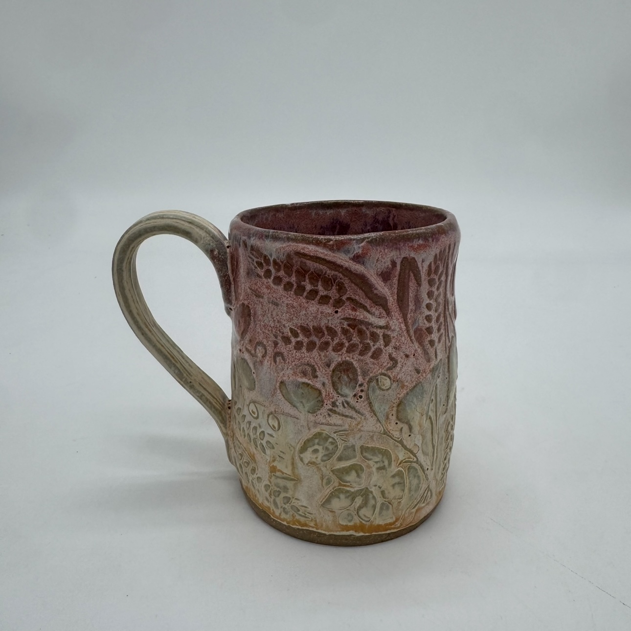 Large Carved Mug Mary Jane Moore, mug, light green, flowers, carved, pattern 