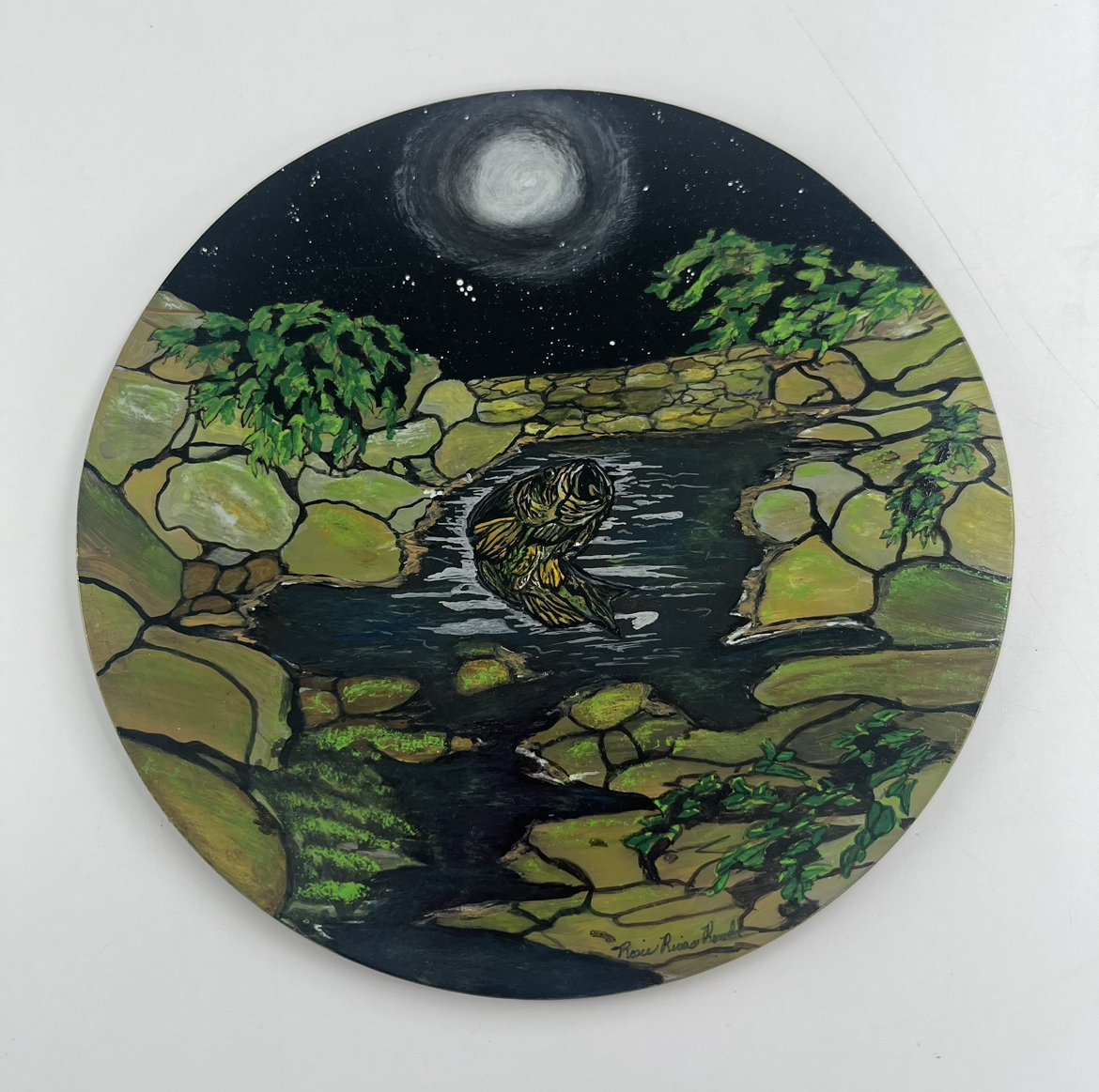 Night's Luck rosie rowell, nights luck, fish, glass art, painting on glass, nature, river, fishing