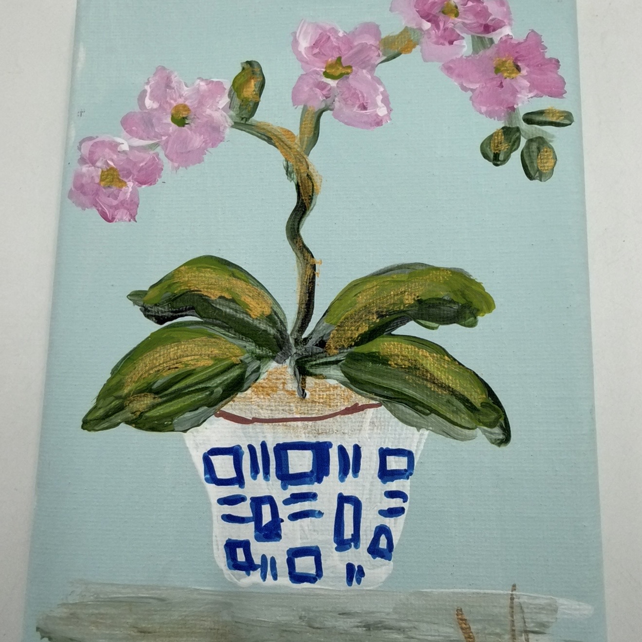 Orchids with blue and white vase Angela, Fernandez, canvas, orchid, pink, light blue, flower