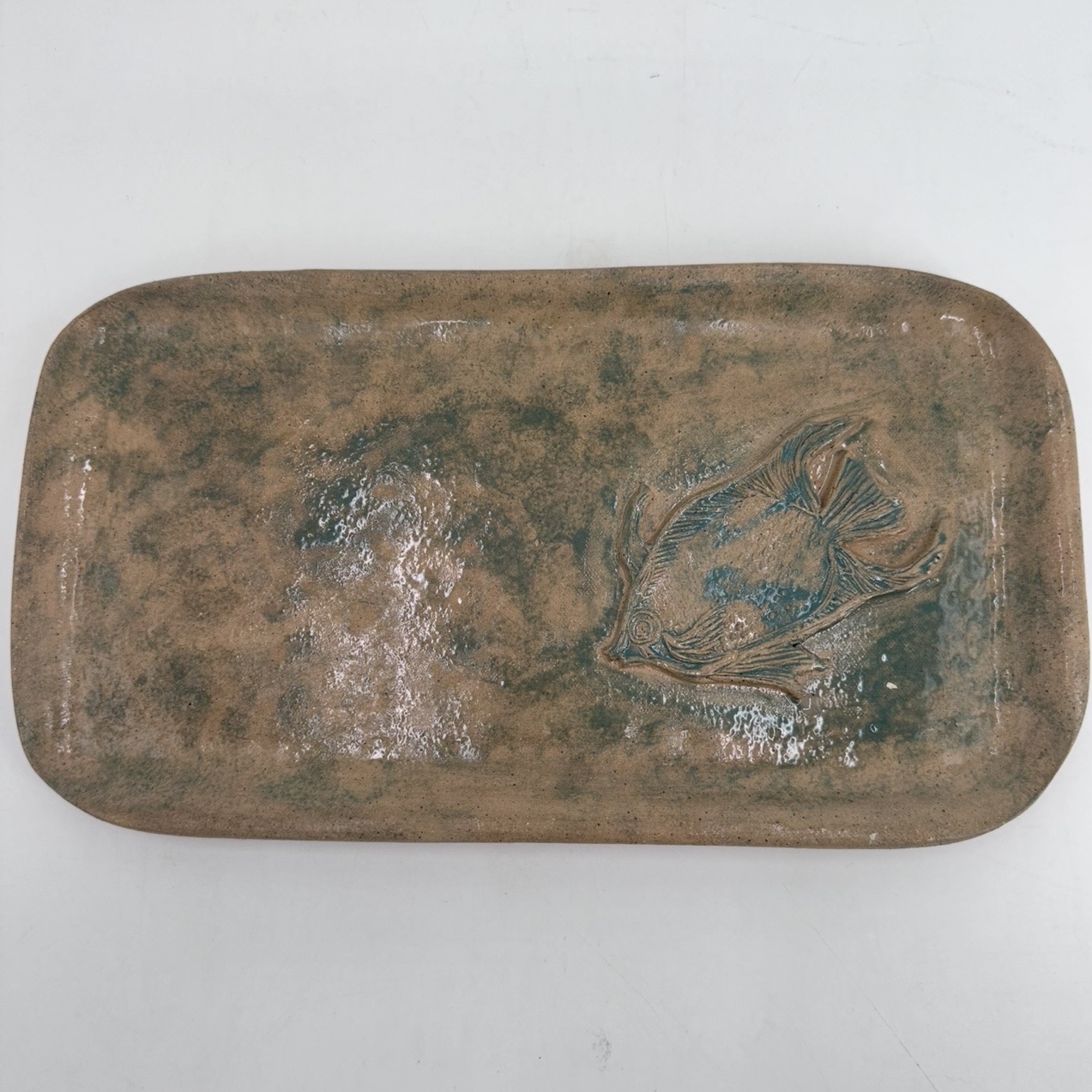 13" Green Fish Platter tanya, Dunnam, fish, teal, tan, platter, green, pottery, clay