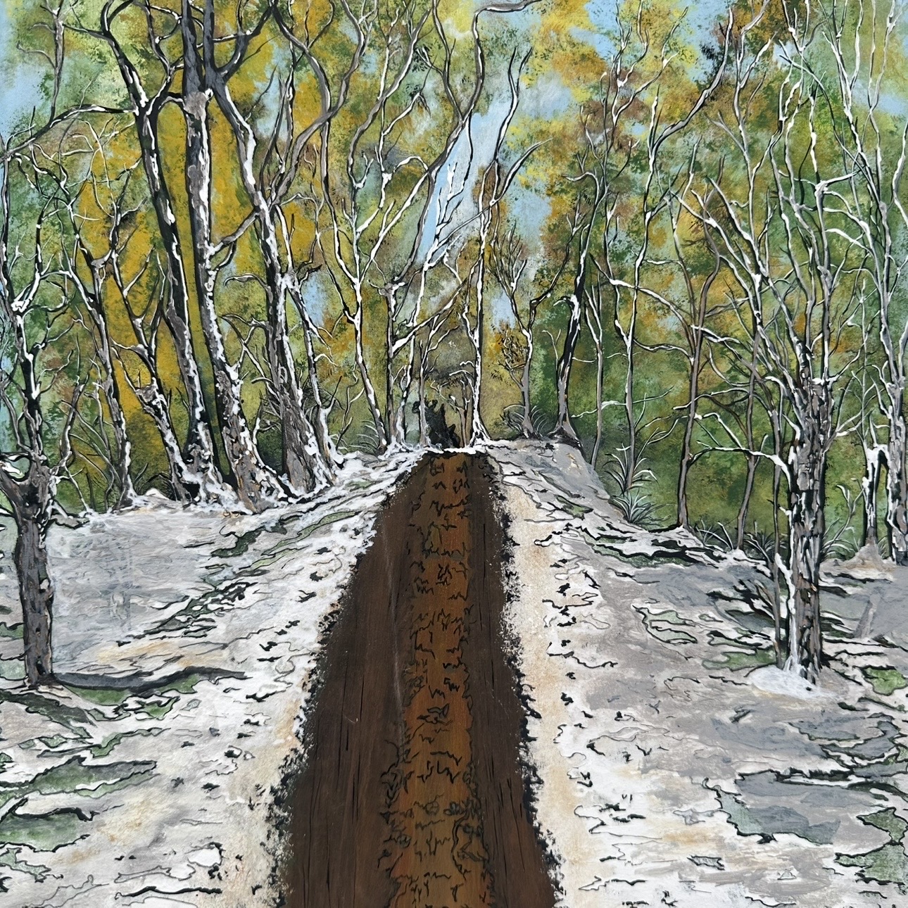 Red Dirt and White Wonder Rosie Rowell, painting, wall art, nature, snow, trees, dirt road, green, white