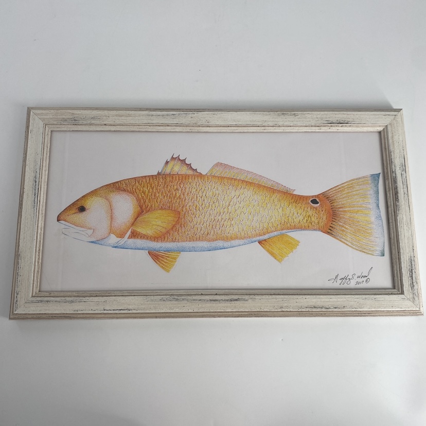 Red Fish red fish, fish, geoffrey wood, pen & ink, framed 