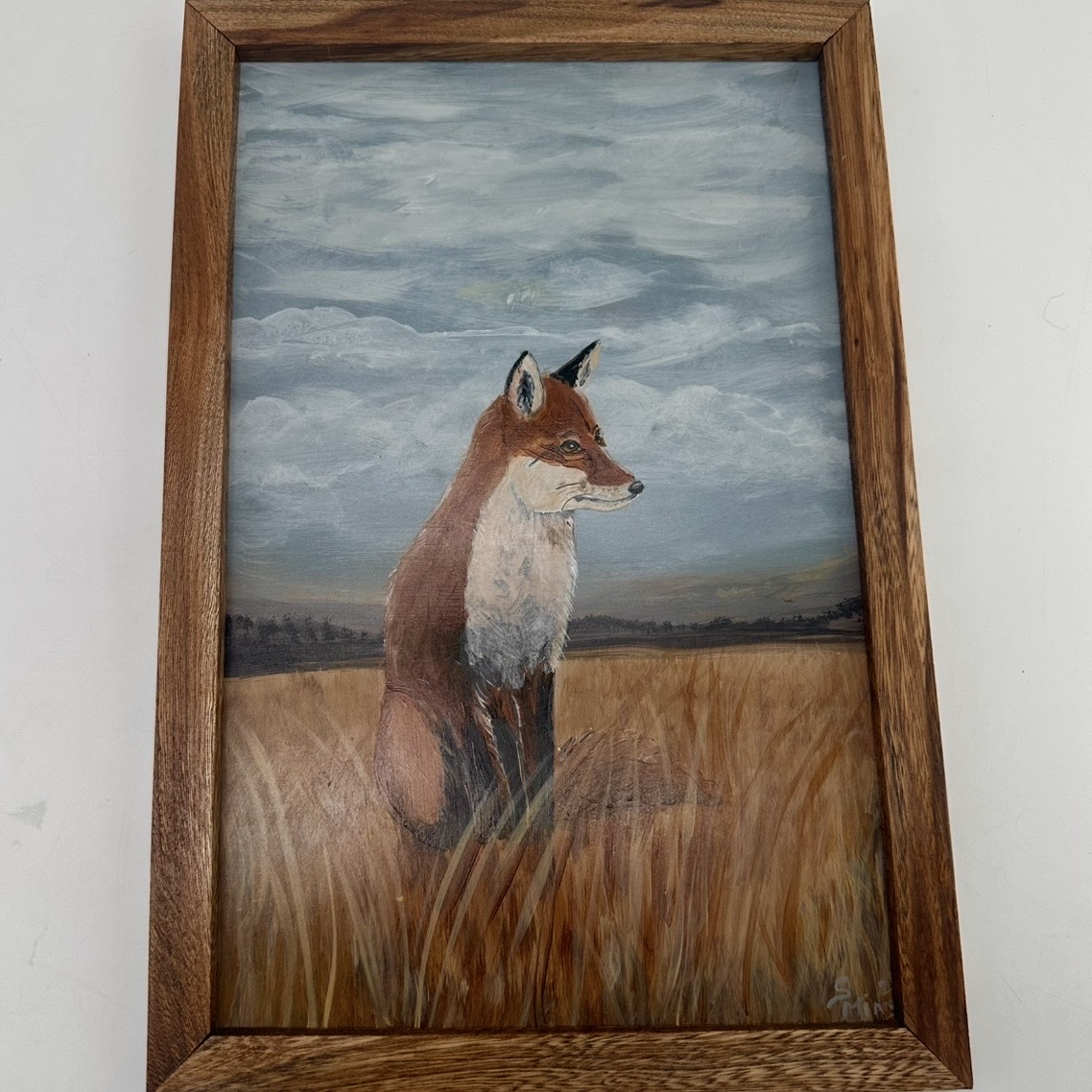 Red Fox Rest with Custom Elm Frame Sue Mims, Montgomery county, red fox, field, painting, acrylic, nature