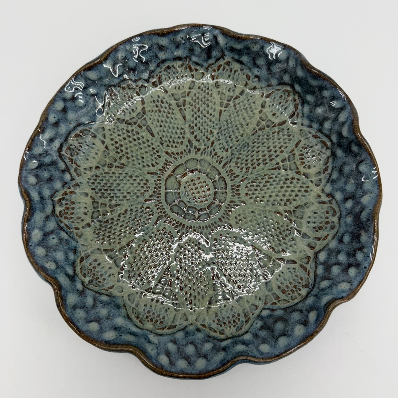 Ruffled Lace Bowl  carol lammon, bowl, pottery, ceramic, clay, platter, blue, green, ruffled, lace 