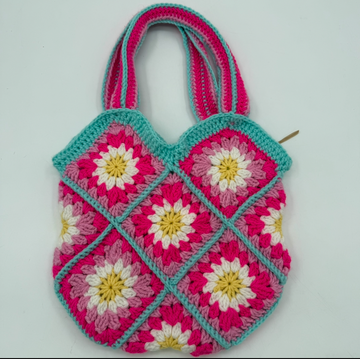 Small Flower Granny Square Purse dawn wood, small flower granny square purse, pink, yellow, white, blue, flower, crochet, bag