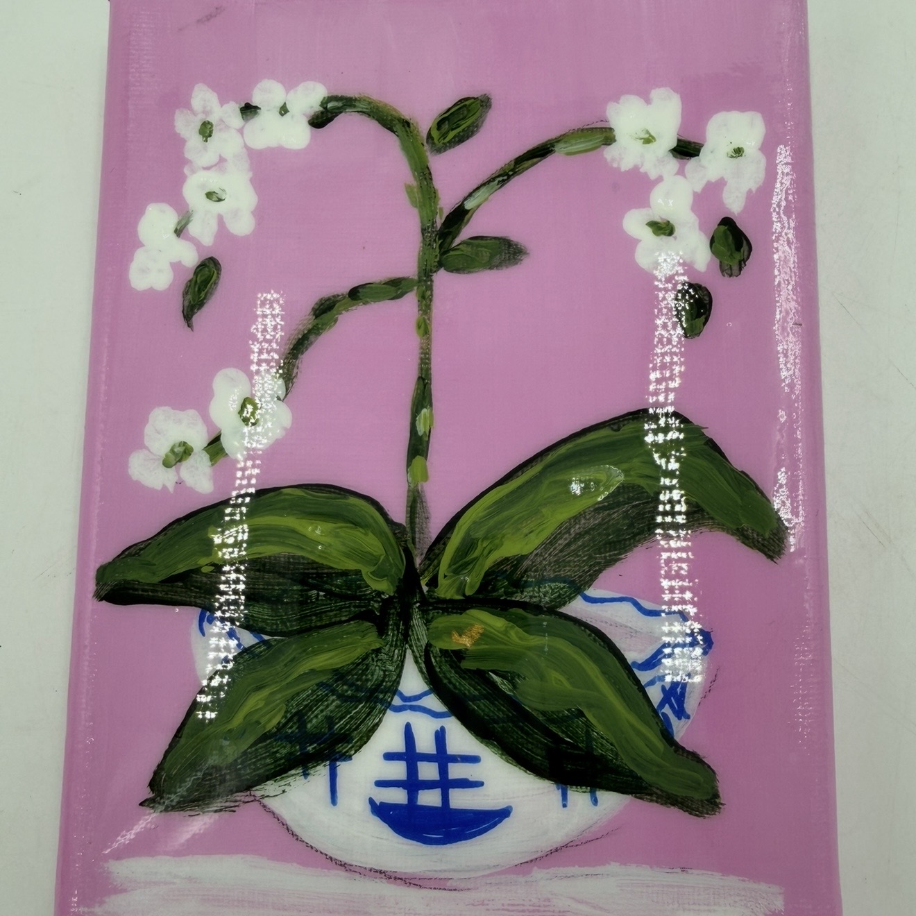 White orchids with blue and white vase Angela, Fernandez, canvas, orchid, pink, flower, blue, white
