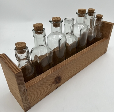 7 Bottle Tray- 15 5/8 L edgar grant. mary glen grant, 7 bottle tray, seven glass bottles in wooden tray, 15 5/8 Liters