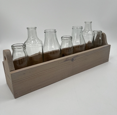 7 Bottle Tray- 19 1/4 L edgar grant. mary glen grant, 7 bottle tray, seven glass bottles in wooden tray, 19 1/4 Liters
