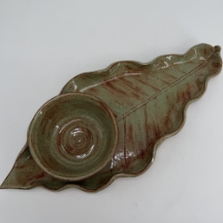 Big Leaf Tray and Condiment bowl carol lammon, tray, pottery, ceramic, clay, platter, brown, green, bowl 