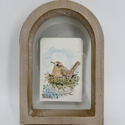 Bird in Cup- Framed Original Watercolor betsy prince, bird in cup, framed watercolor, arch frame