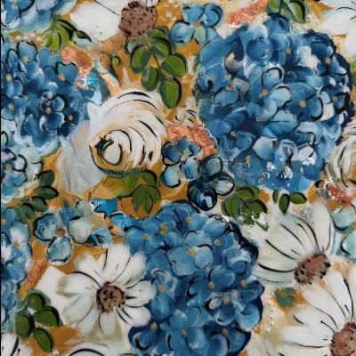 Blue Hydrangea  courtney barr, blue hydrangea, mixed media painting, resin, flowers