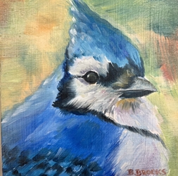 Blue Jay #2 rebecca brooks, blue jay, oil, wood, 6x6, 