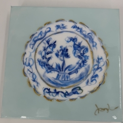 Blue and White Plate on Aqua Angela, fernandez, white, gold, soft color, blue, plate 