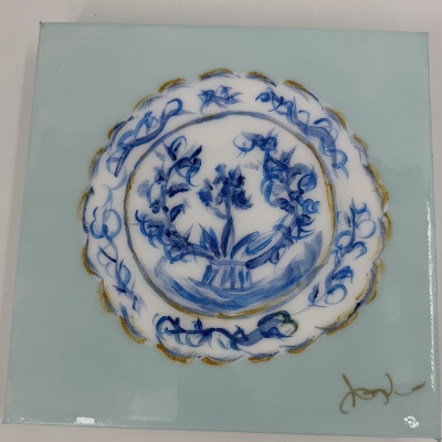 Blue and White Plate on Aqua Angela, fernandez, white, gold, soft color, blue, plate 