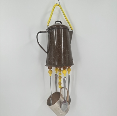 Brown Enamel Coffee Pot Mary D. Caine, windchime, brown enamel coffee pot windchime, 