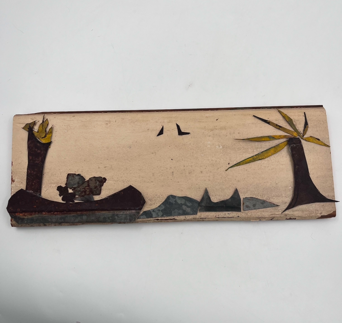 Canoe/Trees on Long Board roger van wyck, canoe/trees on long board, metal on wood, nature scene
