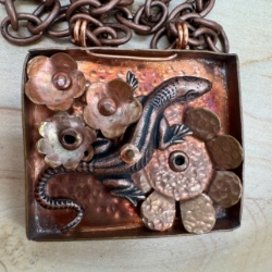 Copper  Nature Scene Necklace lisa lemler, copper, jewelry, nature, lizard, necklace, square
