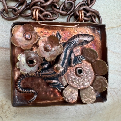 Copper  Nature Scene Necklace lisa lemler, copper, jewelry, nature, lizard, necklace, square