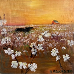 Cow In Cotton Field  rebecca brooks, oil on panel, varnished with gamvar, cow in cotton field, 6x6 painting, 