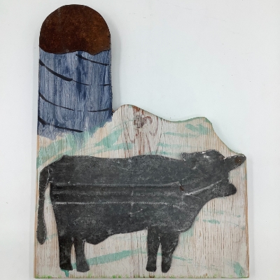 Cow Scenes Blue Silo roger van wyck, Cow scenes blue silo, cow, blue silo, silo, wall art, wall decoration, wall decor, wood, metal, farm animal, blue, metal on wood, nature scene