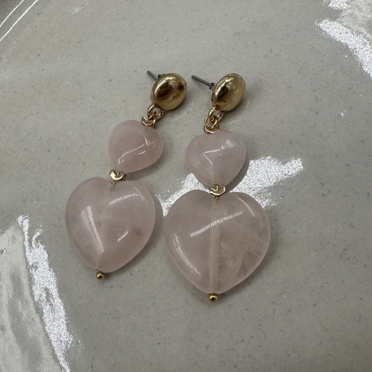 Rose Quartz Heart- Designer Earrings Hailey Rogers, earrings, rose quartz, pink, gold, hearts, jewelry, accessories