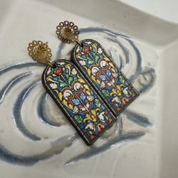Stained Glass Wood- Designer Earrings Hailey Rogers, earring, gold, green, yellow, red, blue, white, orange, stain glass window, jewelry, accessories