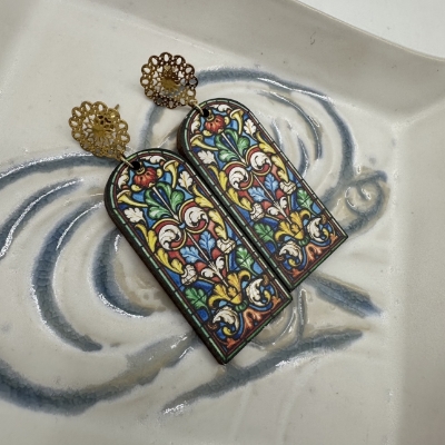 Stained Glass Wood- Designer Earrings Hailey Rogers, earring, gold, green, yellow, red, blue, white, orange, stain glass window, jewelry, accessories
