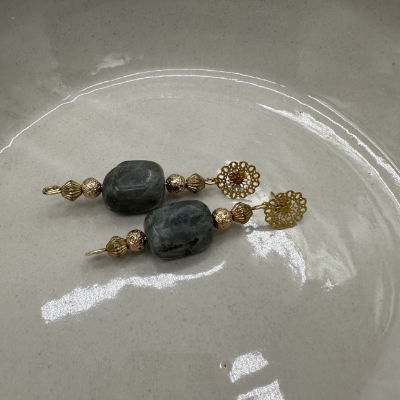 Labradorite and Gold Lava Beaded- Designer Earrings Hailey Rogers, earrings, jewelry, accessories, gold, gold lava, labradorite