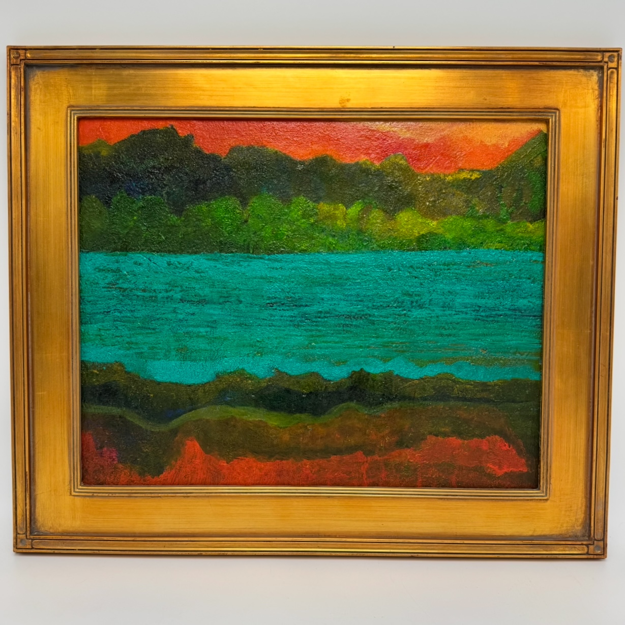 Dusk on the River joan barfield, gold, landscape, river,sunset on river, painting, dusk, trees, hill, bright, orange, sky