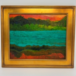 Dusk on the River joan barfield, gold, landscape, river,sunset on river, painting, dusk, trees, hill, bright, orange, sky