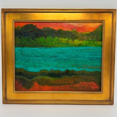 Dusk on the River joan barfield, gold, landscape, river,sunset on river, painting, dusk, trees, hill, bright, orange, sky