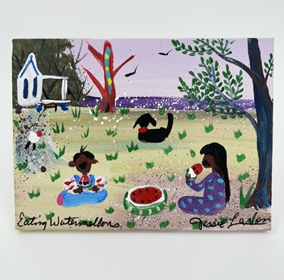 Eating Watermellons jessie lavon, folk art, 6x8, acrylic folk art, eating watermellons, 