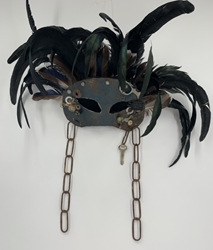 Feather and Metal Mask Lisa Lenox, mixed media, black belt treasures, folk art, sculptures,