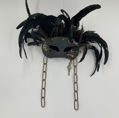 Feather and Metal Mask Lisa Lenox, mixed media, black belt treasures, folk art, sculptures,