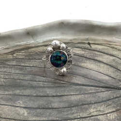 Fine Silver Ring- Size 7 fine silver ring with a opal mosaic triplet with three silver balls , fine, silver, ring, opal mosaic triplet, opal, mosaic, silver balls, silver , karen, lemler, karen lemler 