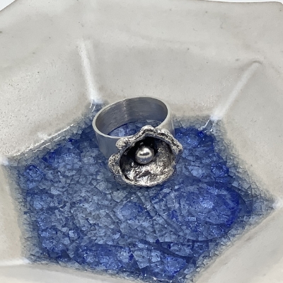 Fine Silver Ring- Size 6.5  fine silver ring with water cast cup and silver ball , fine, silver, ring, water, cast, cup, karen, lemler, karen lemler 