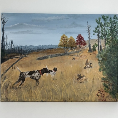 First Flush  Sue Mims, Montgomery county, painting, dogs, quails, field, trees, hunting