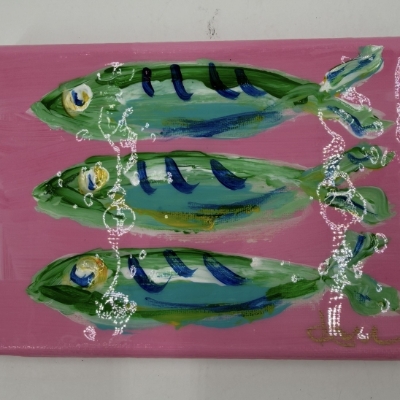 Fish 5x7 Angela, fernandez, white, color, blue, pink, green, fish,yellow