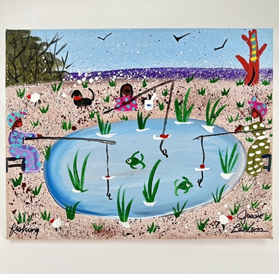 Fishing  jessie lavon, folk art, acrylic painting, fishing painting, 