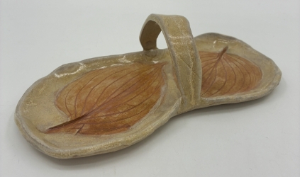 Flat Basket w/Leaves  jo taylor, jo, taylor, basket, leaves, pottery