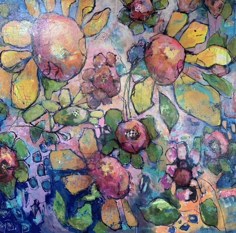 Floral Fancy sharon dozier, black belt, wall art, wall paintings, black belt paintings, flowers, bright colors, texture, 